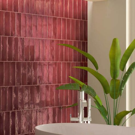 Red Tile Bathroom, Red Kitchen Tiles, Red Subway Tile, Bathroom Decor Colorful, Purple Tile, Bathroom Decor Themes, Orange Tiles, Bathroom Decor Colors, Metro Tiles