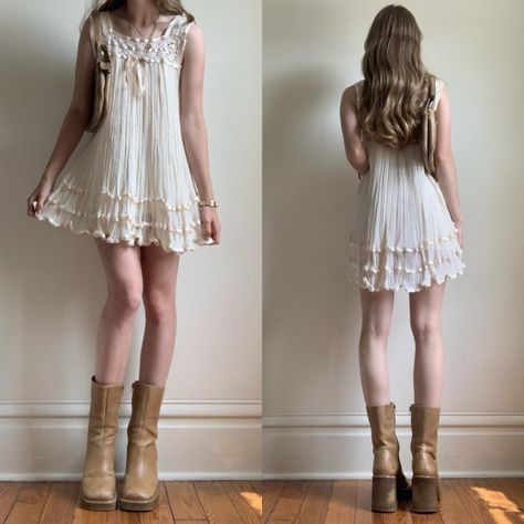 ♡crochet babydoll dress♡  stunning vintage ruffle... - Depop Babydoll Dress Courtney Love, Baby Doll Dress Vintage, Styling Babydoll Dress, 70s Babydoll Dress, 60s Mini Dress Outfit, Baby Doll Dress Aesthetic, Babydoll Aesthetic Outfits, Babydoll Dress Sewing Pattern, Babydoll Dress Aesthetic