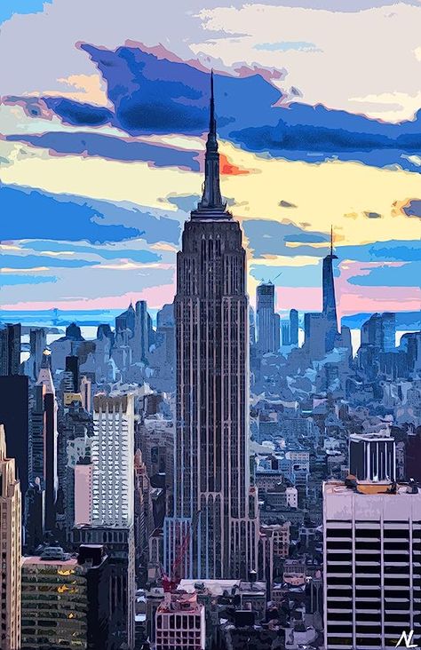 Empire State Building Painting, Pop Art Ideas, Nyc Drawing, Art Ideas Easy, New York Drawing, New York Illustration, Nyc Landmarks, Street Art Love, New York Painting