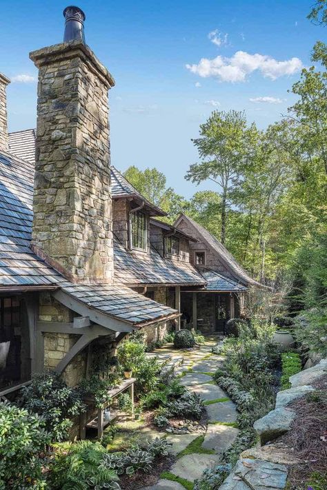 Breathtaking French country house tour in mountains of North Carolina Wood Cabinets And Black Countertops, French Country Estate, Highlands North Carolina, French Country Modern, House Country, Stone Cottages, Black Countertops, Wood House, Stone Cottage