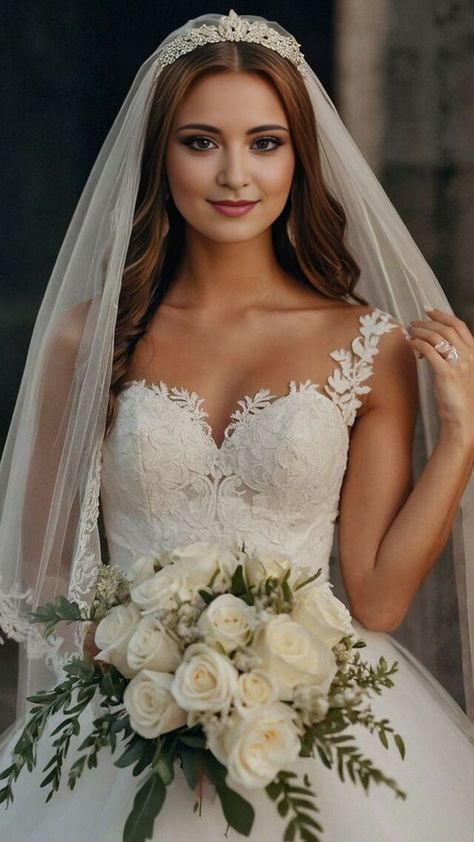 Bridesmaid Hairstyles With Veil, Wedding Veil On Top Of Head, Wedding Hairstyles With Cathedral Veil, Simple Bride Hairstyles With Veil, Tiara Wedding Veil, Tiara Veil Wedding, Bride Crown Hairstyle, Bridal Tiara Hairstyles, Wedding Hairstyles With Crown And Veil