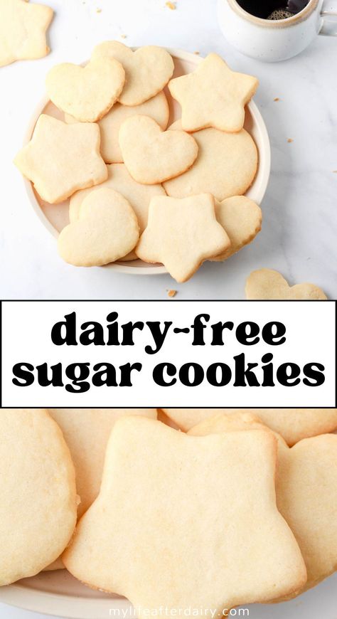 Deliciously Dairy-Free: Sugar Cookies for Everyone! Craving sugar cookies but looking for a dairy-free option? Say no more! We've got the perfect recipe to satisfy your sweet tooth without breaking your dietary guidelines. With our easy-to-follow, dairy-free dessert recipe, you can whip up a batch of delightful and guilt-free sugar cookies in no time. Pin now and bake later for a sweet treat that's as fun as it is delicious! Fun Dairy Free Desserts, Sugar Cookies Dairy Free, No Dairy Cookies Recipes, Dairy Free Cutout Cookies, Healthy Sugar Cookies For Kids, Dairy Free Cut Out Sugar Cookies, Non Dairy Sugar Cookies, Dairy Free Sugar Cookies Cut Out, No Dairy Cookies