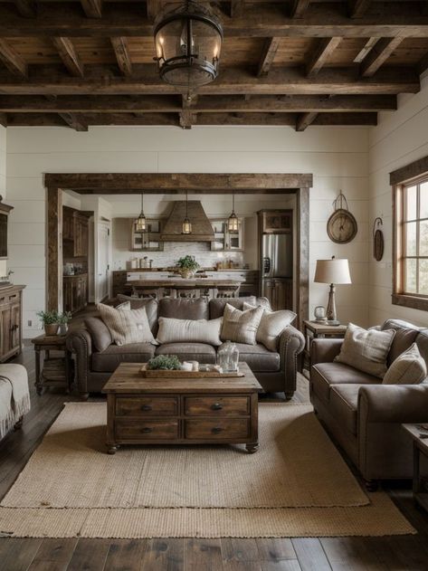 Farmhouse living room ideas creating a cozy, rustic ambiance with distressed furniture, vintage accents, and farmhouse-inspired decor. #LivingRoomIdeas #LivingRoomDesign Country Earthy Aesthetic, Kitchen Bar Open To Living Room, Living Room Inspiration Vintage Modern, Rustic Chic Aesthetic, Luxury Cabin Bedroom, Small Rustic Living Room Ideas, Dark Rustic Living Room, Starling House, Stone Wall Living Room