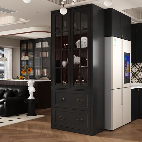 78.7'' Kitchen Pantry Tall Cabinet Kitchen Ideas, Built In Shelves With Glass Doors, Black Glass Kitchen Cabinets, Hidden Microwave Cabinet, Black Wood Cabinets, Add Kitchen Storage, Built In Pantry Cabinet Wall, Dishes Cabinet, Dark Academia Kitchen