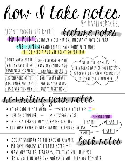 I keep two notebooks. I use one to take notes during lectures and I use the other at home to copy down the class notes in a nicer, more legible way. Makes it easier to study. Plus, the more you write something, the more you'll remember it!—zgklingaman Study Tips For High School, Study Tricks, Online School Organization, How I Take Notes, How To Take Notes, Studie Hacks, Studera Motivation, Note Taking Tips, College Notes