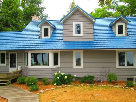 Found on Bing from americanmetalroofswi.com Houses With Blue Metal Roof, Blue Tin Roof House, Blue Tin Roof Exterior Colors, Mobile Home Metal Roof Colors, Houses With Blue Roof, House With Blue Metal Roof, Blue Roof House Colors, Blue Metal Roof Houses Color Combos, Blue Roof House Colors Exterior Paint