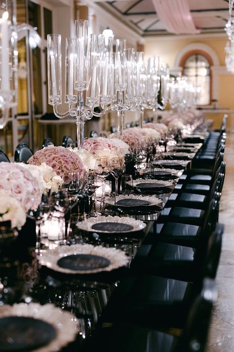 Long Black Tables with Pink Rose Centerpieces Wedding Black And Rose Gold, Black Blush And White Wedding, Black With Pink Wedding, Table Set Ups For Parties, Black White Gold Blush Wedding, Pink Black And Silver Table Decor, Blush Pink White And Black Wedding Reception Decoration, Black White Pink Wedding Decor, Black White Gold And Pink Wedding