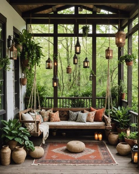 Boho Back Porches Are Now a Thing and These 20 Ideas Prove It – ToolzView Long Covered Porch, Porch Living Room Ideas, Lanai Porch Ideas, Garden Boho Ideas, Front Porch Boho Decor, Decorate Porch Ideas, Front Porch Inspo Modern, Uncovered Back Porch Ideas, Back Porch Landscaping Ideas