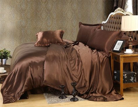 PRICES MAY VARY. This 4 Piece Duvet set Includes: 1 Fitted 39" x 75", 1 Duvet Cover 65'' x 90'' & Two Pillowsham 20" x 30" each Duvet Covers feature a smooth and silky surface with Sateen Weave’s signature sheeny finish and drape very nicely. typically drape well, and resist wrinkles and stains which is pet-friendly. Duvet Cover Set can help to keep your hair smooth and less frizzed up. It has nice touch and is a great material that doesn’t cause friction and damage to your hair as you sleep. Si Brown Silk Sheets, Silk Sheets Bedroom, Silk Bedroom, Silk Bedding Set, Quilt Duvet, Fitted Bed, Silk Sheets, King Size Bedding Sets, Cheap Bedding