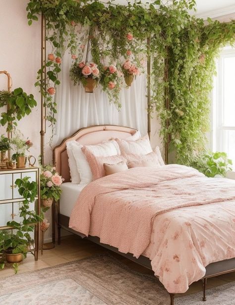 Pink And Green Floral Bedroom, Meadow Themed Bedroom, Girly Plant Bedroom, Green Theme Room Bedrooms, Pink And Plants Aesthetic, Pink Fairy Bedroom Aesthetic, Cottagecore Princess Bedroom, Pink Flowers Bedroom, Rose Garden Bedroom