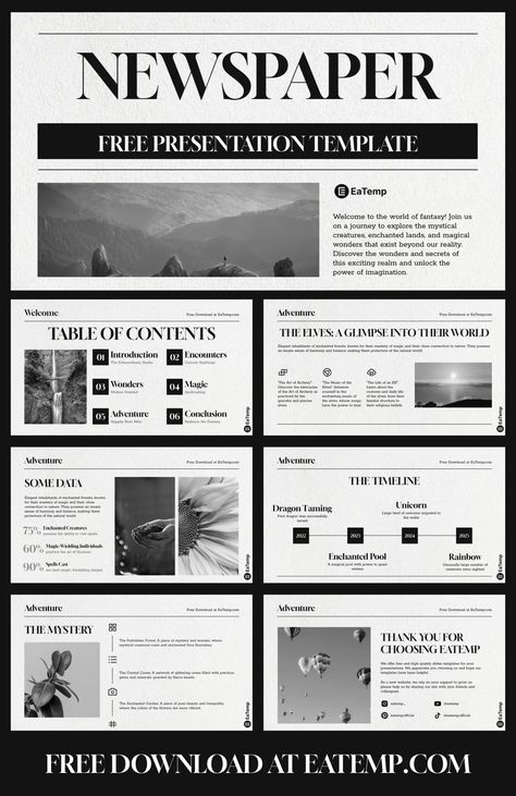 Elegant Google Slides, Slide Show Presentation Templates, Google Slides Layout Ideas, Newspaper Presentation Design, Slides Google Templates, Google Powerpoint Template, Best Powerpoint Templates, Newspaper Slide Template, Slideshow Design Layout