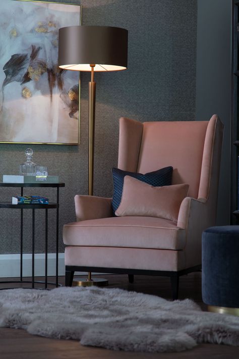 Sofa And Chair Company, Living Room Corner, Luxury Chairs, Floor Lamps Living Room, Room Corner, Living Room Sofa Design, Pink Chair, High Back Chairs, Living Room Seating