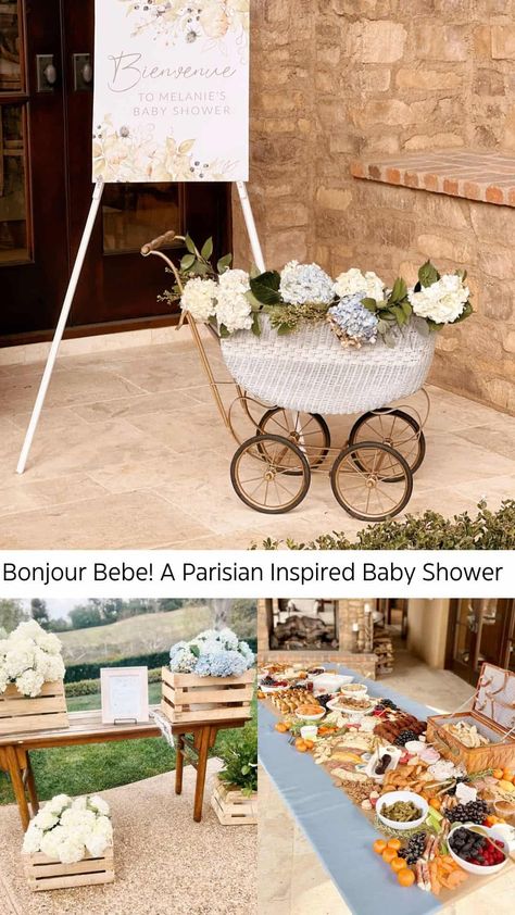 Bonjour Bebe- a Parisian Themed Baby Shower - traditionallycozy.com Chic Baby Shower Ideas, Parisian Market, Parisian Baby Showers, French Baby Shower, Classy Baby Shower, Country Baby Shower, Parisian Theme, Baby Shower Cakes Girl, French Theme