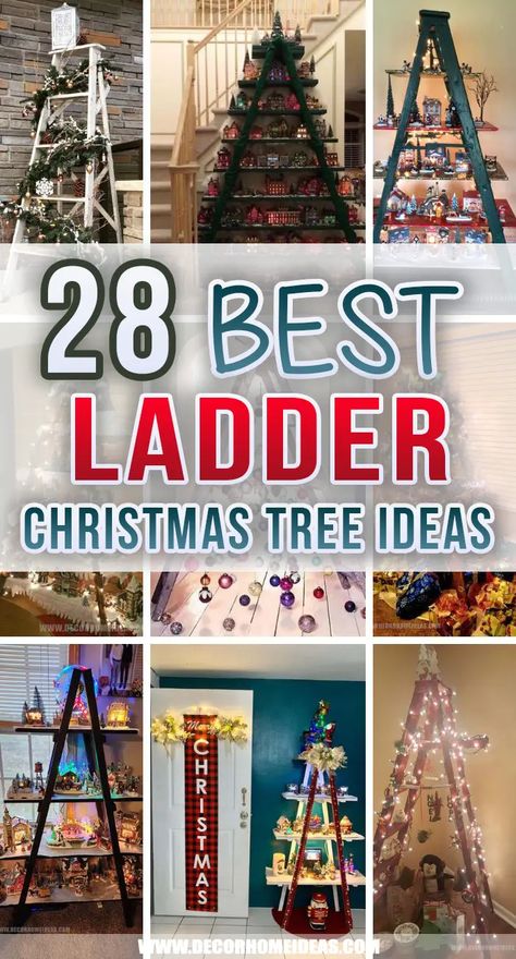 Ladder For Christmas Decor, Ladder Display For Christmas Village, Christmas Tree Ladder Village, Wooden Ladder Christmas Village, Wooden Crate Christmas Tree, Ladder Christmas Tree Village, Old Ladder Christmas Tree, Displaying Christmas Villages Ideas, Stepladder Christmas Tree