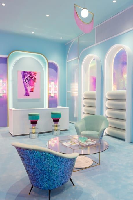 From Art Deco Maximal to Space Age Ultra-modern, we bring you futuristic interior design trends that look forward to a conceptual, radical rupture with conventional themes and standard aesthetics. #interiordesignideas #interiordesigntrends #designtrends #homedecor #futuristicdesign #futuristicinteriordesign #homedecor #homedesign #interiorstyling #contemporarydesign #luxurydesign #interiordesign Neon Bedroom, Pastel Interior, Neon Room, Futuristic Interior, Memphis Design, Salon Interior Design, Salon Decor, Dream Rooms, Retail Design