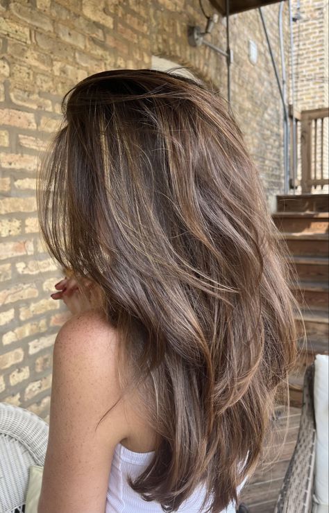 Hair Inspo Brunette Highlights, Hair Inspo Brown Highlights, Layers And Highlights Brunettes, Summer Hair Inspo Color Brunette, 90s Balayage, Long Brunette Layers, Brown Layers Hair, Highlights Brown Hair Layers, Neutral Highlights On Brown Hair