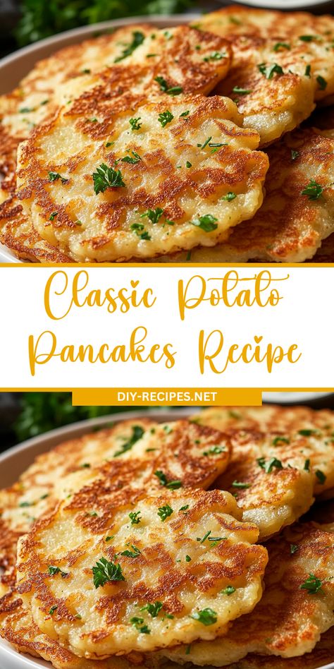 Whip up this classic potato pancake recipe with simple ingredients! They're crispy, delicious, and perfect with your choice of toppings. Potato Pancake Recipe Shredded, Leftover Potato Pancakes, German Potato Pancakes Authentic, Potato Pankaces, How To Make Potato Pancakes, Breakfast Potato Ideas, Potatoes Pancakes Recipe, Mashed Potatoes Pancakes, Potato Pancakes Shredded