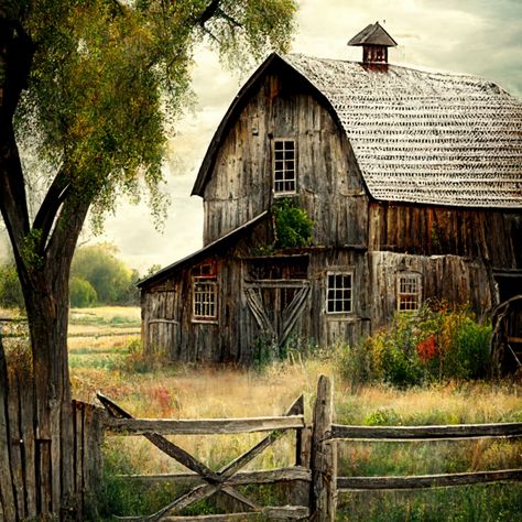 Old Barns Rustic, Rustic Painting On Wood, Old Barn Paintings, Farmhouse Drawing, Farm Printables, Countryside Background, Farm Scene Painting, Barn Drawing, Peaceful Countryside