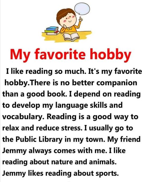 My favorite hobby  . English reading practice for kindergarten , grade one. Learn english. Essay my favourite hobby . Hobby Reading, Reflection Essay, Learn To Read English, English Poems For Kids, Struktur Teks, Tatabahasa Inggeris, Reading Comprehension For Kids, English Word Book, English Stories For Kids