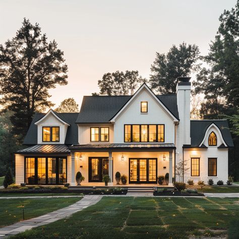 Modern Family Farmhouse Exterior, House Glass Design Exterior, Modern French Country Farmhouse Exterior, Modern House With Front Porch, Modern Western House Exterior, Bay Window House Exterior, Pretty Houses Modern, Modern Farmhouse Aesthetic Exterior, California Farmhouse Exterior