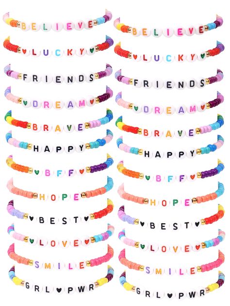 PRICES MAY VARY. 【24 Pcs Letter Beaded Bracelets】---This girls jewelry includes 24 pcs letter beads bracelets with different letters such as love, lucky, hope, brave, dream, bff, etc. Providing your girls with various styles to meet their matching needs. 【High Quality & Elastic Design】---Made of high quality material, which is durable, fade-free, smell-free and ski-friendly. Keeping your girl’s safe is always our pursuit. The elastic design of the bracelet make it suitable for most girls' wrists Diy Bracelet Ideas With Beads, Cheerful Friendship Bracelets With Letter Beads, Fun Rainbow Friendship Bracelets With Letter Beads, Cheap Rainbow Friendship Bracelet With Letter Beads, Playful Letter Beads Name Bracelet For Friendship, Cute Rainbow Beaded Bracelets With Letter Beads, Kandi Creations, Pure Satisfaction, Homemade Bracelet