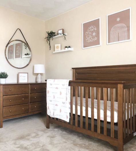 Dark Walnut Crib Nursery, Gender Neutral Nursery With Dark Wood Crib, Baby Nursery With Wood Furniture, Dark Brown Crib Nursery Girl, Nursery With Oak Furniture, Nursery Ideas With Dark Wood Crib, Nursery Ideas Wood Crib, Neutral Nursery Dark Furniture, Brown Wood Nursery