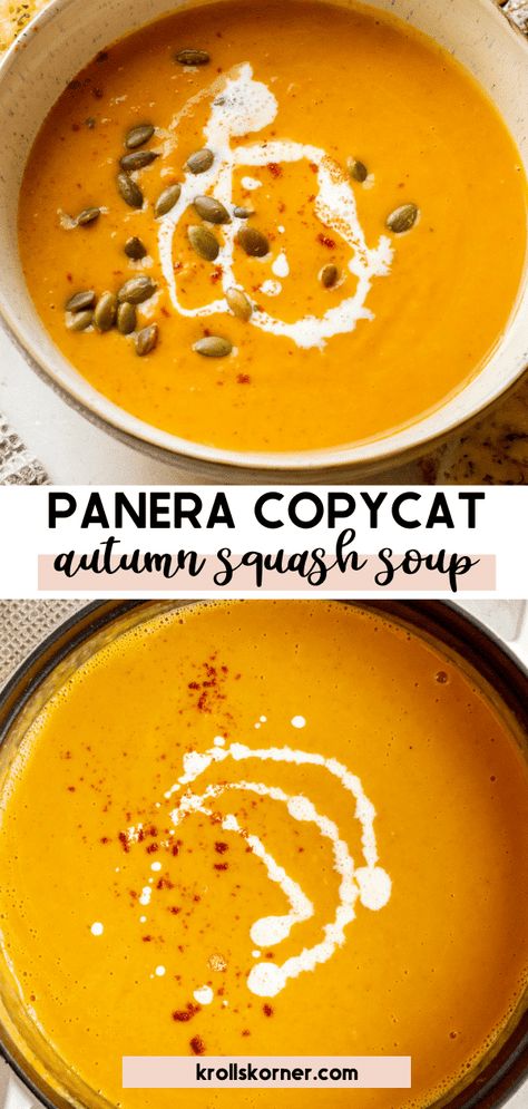 Panera Autumn Squash Soup is creamy, silky-smooth and made with roasted butternut squash, pumpkin, and carrots. It's Fall in a bowl! Butternut Squash Pumpkin Soup Coconut Milk, Roasted Butternut Squash And Bacon Soup, Butternut Squash Soup Tumeric, Butternut Squash Chowder, Autumn Harvest Soup Panera, Apple Squash Soup Recipe, Copycat Butternut Squash Soup Panera, Panera Pumpkin Soup Recipe, Butternut Squash Soup Ina Garten