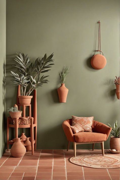 What's the Sizzling Sage Green: Spice Up Your Home with Terracotta [2024] Craze All About? #Ad #homedecor #homedesign #fixhome #Painthome #interiorarchitecture Color Home Wall, Room Inspo Sage Green Walls, Many Plants Living Room, What Colours Go With Terracotta, What Colour Goes With Terracotta, Terracotta And Green Interior Design, Terracotta Wall Living Room, Sage Color Room, Terracotta Painted Fireplace