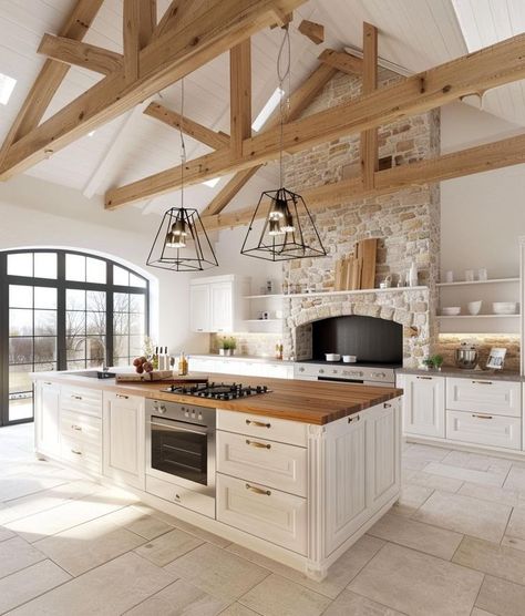 House Inspo Farm, White Wood Cabinets Kitchen, Entire House Interior Design, Dream House Inspo Aesthetic, Modern Farm Homes, Barndominium Interior Kitchen, Nice Kitchens Dream Homes, White Farm Houses, Kitchen Wooden Island