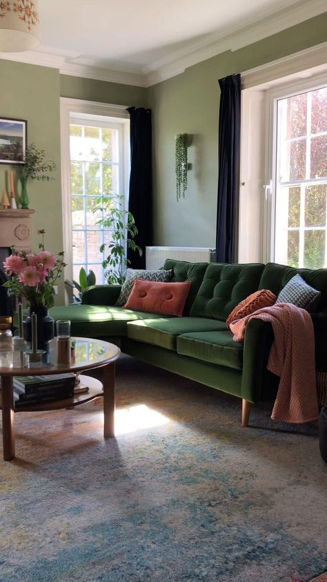 Green Velvet Sofa Living Room, Green Couch Living Room, Green Sofa Living Room, Green It, Green Couch, Aesthetic Living Room, Good For The Soul, Green Sofa, Living Room Green