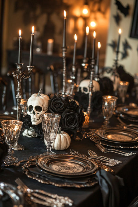 Transform your home into a Halloween wonderland with these 35+ spooktacular decoration ideas. From eerie lights to haunted accents, create a hauntingly beautiful space for the spooky season. 🌟✨ #HalloweenDecor #Spooktacular #HauntedHome #HalloweenIdeas Adult Halloween Table Decor, Halloween Dinner Party Table Setting, Spooky Quinceanera, Halloween Witch Tablescape, Black Halloween Table Decor, Spooky Dinner Party Decor, Fancy Halloween Party Decor, Spooky Table Setting, Halloween Table Decorations Ideas