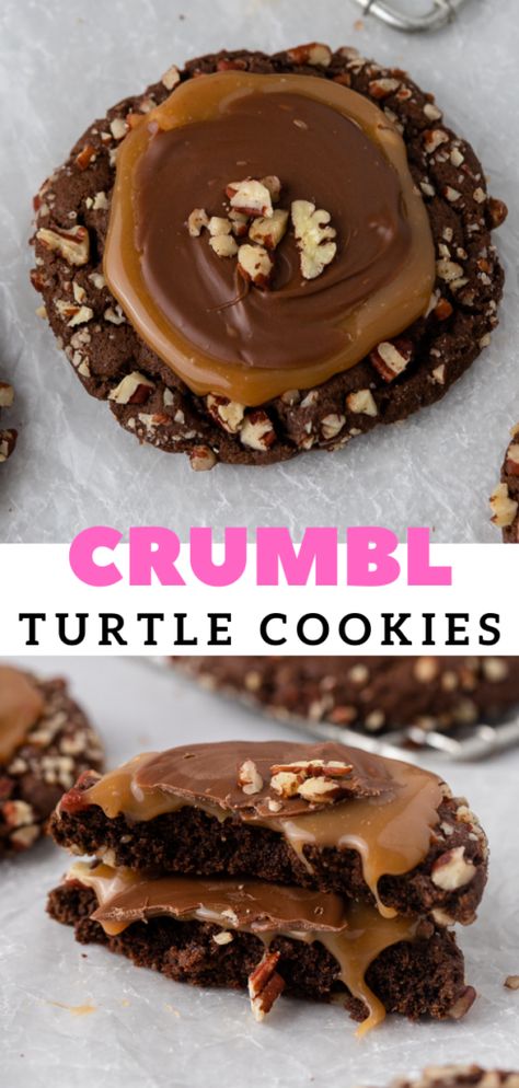 The Best Chilled Crumbl Turtle Cookies - Lifestyle of a Foodie Christmas Crumbl Cookie Copycat, Crumble Christmas Cookies, Crumbl Christmas Cookies, Christmas Crumble Cookies, Gourmet Christmas Cookies, Copycat Crumbl Cookies Recipes, Honeybee Cookies, Cookies For A Crowd, Topped Cookies