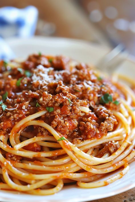 Indulge in a delicious homemade meal tonight with spaghetti with meat sauce. This classic Italian dish is perfect for a cozy night in or a family dinner. Our recipe is simple to follow and will have your taste buds dancing with every bite. The combination of flavorful ground beef simmered in rich tomato sauce served over perfectly cooked spaghetti noodles is sure to satisfy any pasta craving. Spice it up with your favorite seasonings and top it off with some freshly grated Parmesan cheese for th Spaghetti Recipes For Two, Ground Beef For Pasta, Health Spaghetti Recipes, Classic Spaghetti Sauce, Spaghetti Minced Meat Recipes, Spaghetti Dinner Recipes, Spaghetti And Ground Beef, Spaghetti With Ground Beef And Sausage, Ground Beef Pasta Sauce Recipes