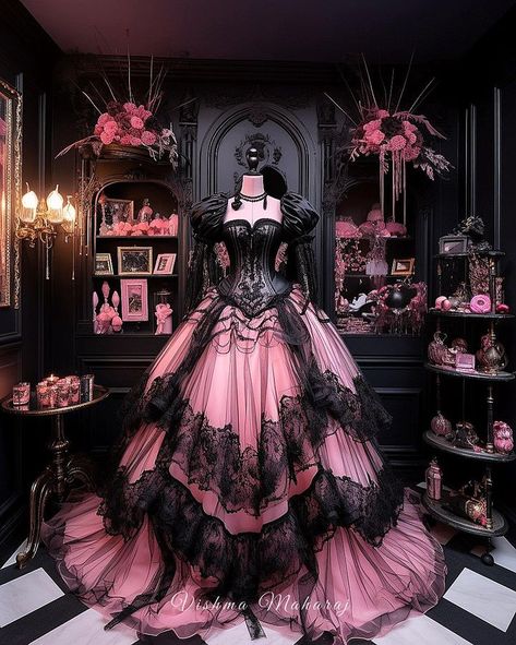 Goth Wedding Dresses, Gothic Dresses, Fantasy Clothes, Black And Pink Dress, Gothic Wedding Dress, Goth Wedding, Fantasy Gowns, Pretty Prom Dresses, Fairytale Dress