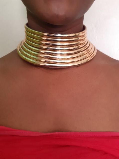 Neck Rings African, African Choker Necklace, Gold African Jewelry, Zulu Aesthetic, African Gold Jewelry, Butterfly People, Mlp Redesigns, African Choker, South African Jewelry