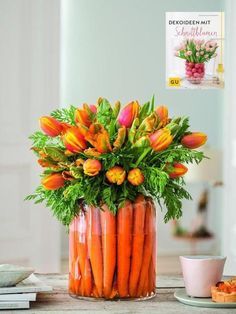 Carrots and Flower Arrangements, Creative Alternatives to Traditional Bouquets Springtime Decorations Home Decor, Easter Garden Decorations, Easter Tablescapes Ideas, Easter Table Setting Ideas, Easter Table Scape, Etiquette Lessons, Fresh Carrots, Easter Arrangement, Gubahan Bunga