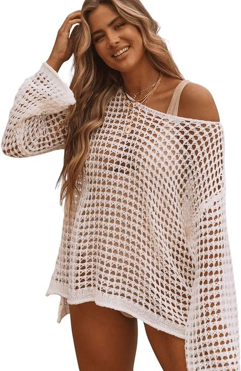 SHENHE Women's Swimsuit Coverup Crochet Hollow Out Bathing Suit Cover Ups Long Sleeve Split Hem Beach Swimwear White One Size at Amazon Women’s Clothing store Bathing Suit Cover, Cover Ups, Free Crochet Patterns, Split Hem, Bathing Suit, Free Crochet, Ups, Crochet Top, Cover Up