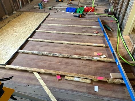 1x6 Flooring Diy, Level Floors Diy, Level Floors In Old House, How To Level Floors In An Old House, How To Level A Floor In An Old House, Floor Leveling Diy, Leveling Floors In Old House, Self Leveling Floor, Floor Leveling