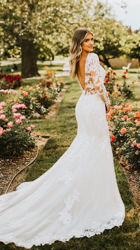 Simple Lace Sleeve Wedding Dress, Winter Wedding Dress A Line, Lace Wedding Dresses Open Back, Wedding Dress For October, Wedding Dresses With Sleeves Fitted, Spring Wedding Dresses With Sleeves, Fit And Flare Wedding Dress Satin, Lace Wedding Dress Aline, Engagement Photos Outfits Midsize