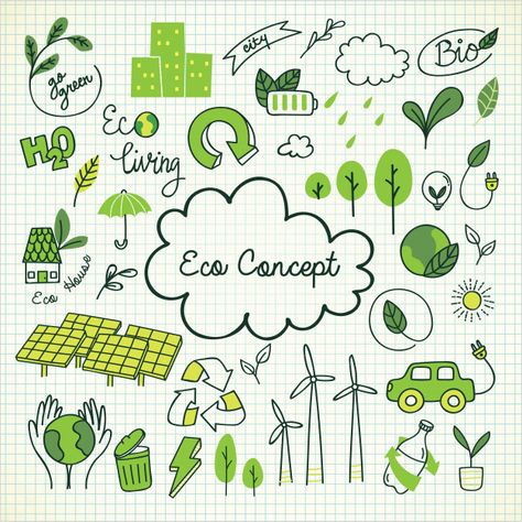 Ecology themed doodle Premium Vector Ecology Design, Eco Life, Eco Green, Diy Upcycling, Kawaii Style, Earth Day, Zero Waste, Ecology, Doodle Art