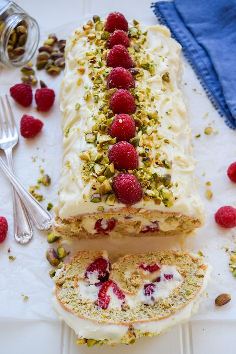 Recipe: Raspberry, Pistachio & White Chocolate Roulade + 10th Blog Birthday | Rachel Phipps Raspberry And Pistachio, Roulade Cake, Pistachio White Chocolate, Raspberry Pistachio, Chocolate Roulade, Cake Roll Recipes, Cake Roll, Pavlova, White Chocolate