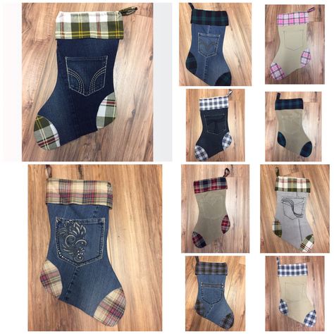 Christmas is just around the corner...do you have your stocking yet? Jean Stockings Christmas, Denim Stocking Christmas, Jeans Christmas Stocking Diy, Cheer Shoe Covers, Denim Christmas Stockings Old Jeans, Cowboy Boot Christmas Stocking Pattern, Tan Flannel, Artisanats Denim, Cheer Shoes