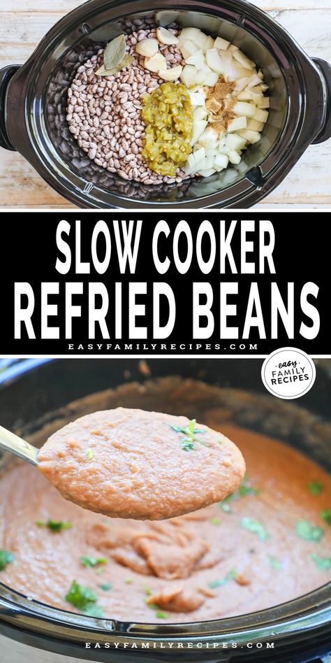 Making Refried Beans from scratch is easier than you think! With just a slow cooker, dried pinto beans and a handful of ingredients. This easy crockpot refried beans recipe cooks away all day giving you tons of flavor with no effort! This easy refried beans recipe feeds a crowd and is a great healthy side dish to add to any Mexican inspired meal. Try it with burritos, tacos, enchiladas, tostadas and more! Crock Pot Refried Beans Easy, Crock Pot Refried Beans, Refried Beans From Scratch, Slow Cooker Refried Beans, Refried Beans Recipe Easy, Crockpot Refried Beans, Mexican Side Dish, Beans Recipe Crockpot, Side Dish Easy