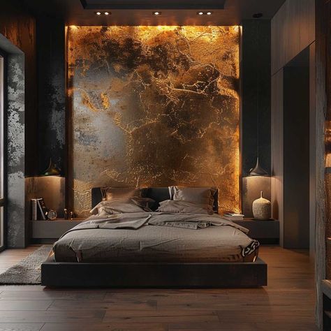 10+ Ideas for Painting Bedroom Walls for a Chic Industrial Look • 333+ Art Images Black Copper Bedroom, Modern Faux Finishes For Walls, Industrial Wall Design Ideas, Bedroom Soffit Ideas, Modern Patina Wall, Bedroom Headboard Wall Ideas, Painting Bedroom Walls, Industrial Wall Design, Male Room Ideas Masculine Bedrooms