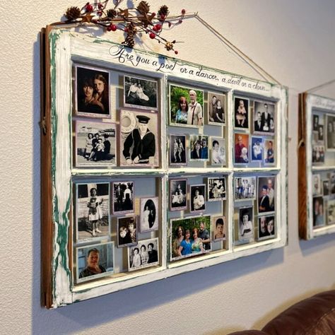 Window Picture Frame Diy, Old Window Crafts, Old Window Decor, Family Picture Frame, Window Frame Decor, Window Frame Picture, Old Window Projects, Family Pictures On Wall, Old Window Frames