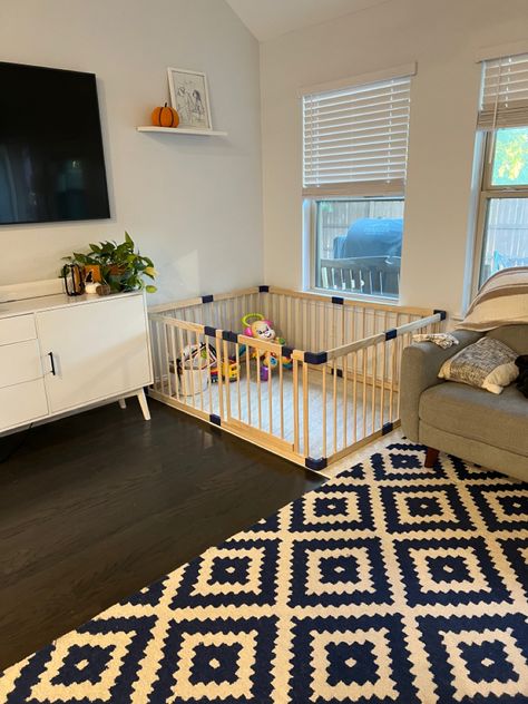 Nursery With Play Area, Playpen In Small Living Room, Living Room Play Area Combo, Playpen Ideas Living Rooms, Living Room Playpen, Play Pin Ideas, Small Apartment Play Area, Play Pen In Living Room, Newborn Play Area