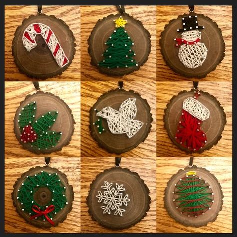 Nail string art ornaments I made String Art Christmas Ornaments, How To Do String Art, Nail And String Art Patterns, Holiday String Art, String Art Ornaments, String Nail Art, String And Nail Art, Christmas String Art, String Art Christmas