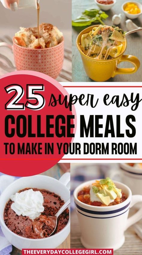 Looking for college meals that are super delicious and easy to make in your dorm room? This post is all about 25 yummy microwave mug meals that don't need a lot of ingredients and you can make in your dorm room in ten minutes or less! College Cooking Recipes, Microwave Recipes Dinner, Cheap College Meals, College Dorm Food, Meals For College Students, Easy Student Meals, Dorm Room Cooking, Mug Meals, Healthy College Meals