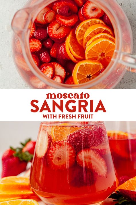 This moscato sangria is an easy and fruity cocktail for the summer. It's a simple mix with sweet moscato wine and fresh fruit. We love to serve this in the summer with fresh fruit. Sangria Recipes Easy Moscato, Sangria With Moscato White, Wine With Fruit, Moscato Sangria Recipes Easy, Simple Pina Colada Sangria, Sangria Recipes Sweet, Recipe For Sangria, Pink Moscato Sangria, Wine Punch Recipes Moscato