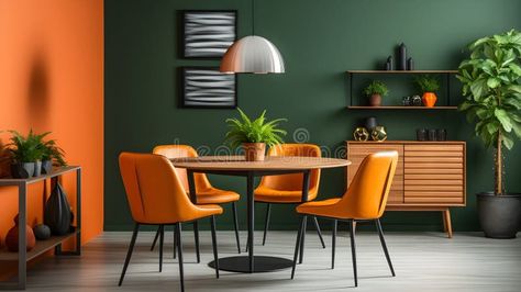 Orange leather chairs at a round dining table behind a green wall by Generative AI stock images Wall Chair, Orange Dining Room, Wall Illustration, Orange Dining Chairs, Dark Green Walls, Orange Sofa, Orange Chair, Orange Kitchen, Leather Chairs